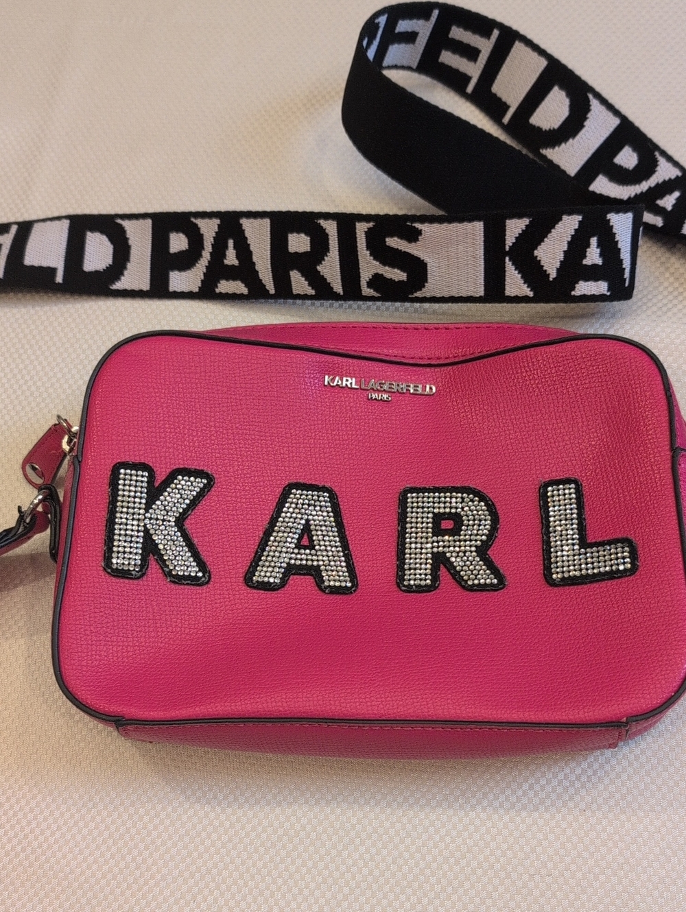 Karl Lagerfeld Hot Pink KARL Crystal Patch Crossbody Bag with Branded Strap